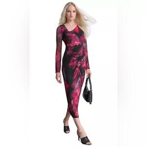 DKNY Women's Asymmetric Ruched Printed-Mesh Dress - Multicolor - 2 - NWT